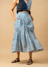 A Model Wearing Blue Cotton Lizzy Batik Stripes Skirt, curated by Only Ethikal